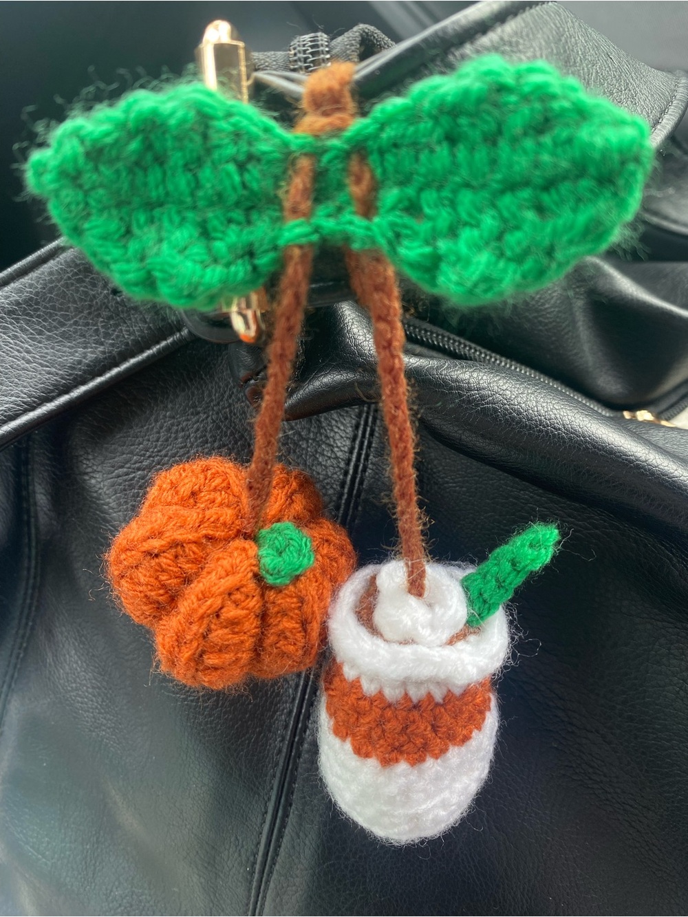 Handmade Pumpkin Spice Latte Crochet Bag Charm - Orange & Green